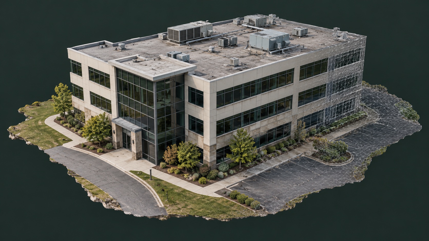 Illustrative textured 3D office building model with a partial mesh overlay